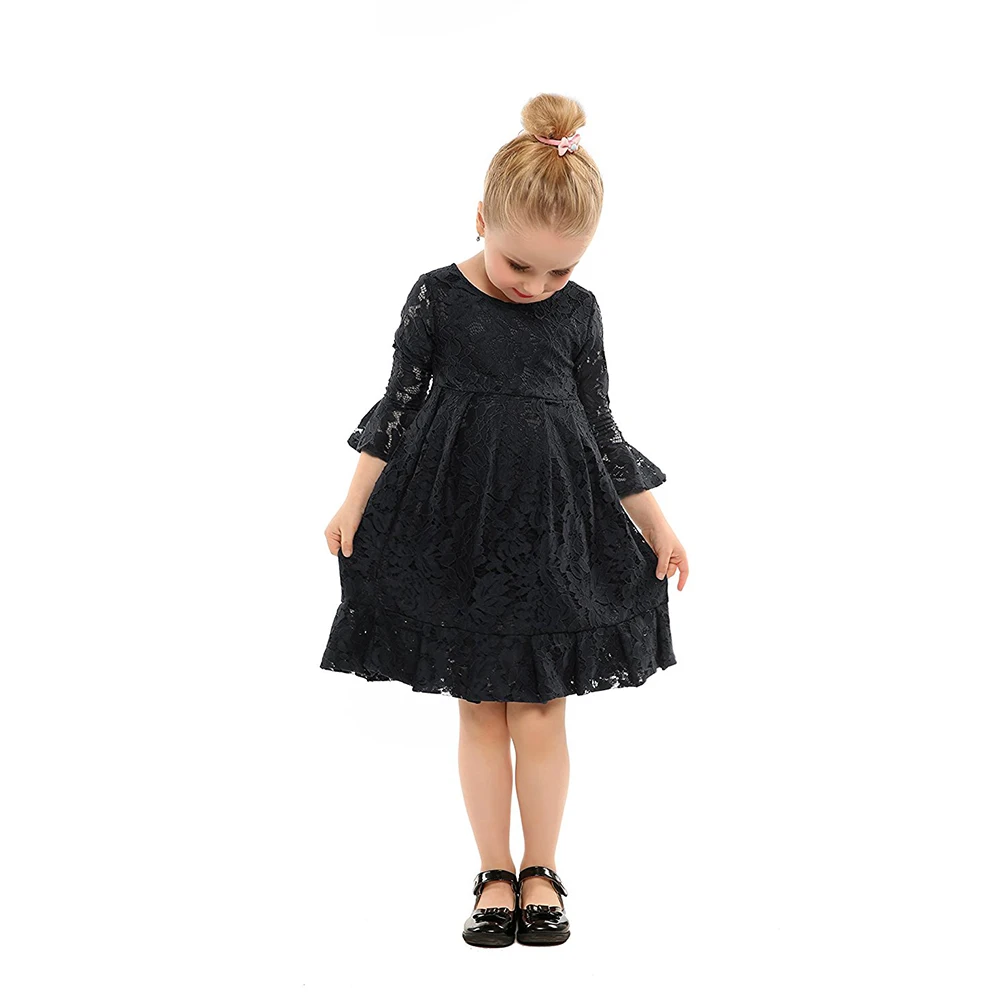 Элегантные детские кружевные платья черного и белого цвета для девочек; одежда для свадебной вечеринки; подарок на день рождения - Цвет: Черный