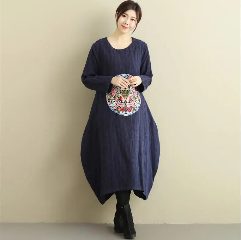 Из хлопка и льна для отдыха удобная одежда китайский стиль ретро платье с вышивкой на осень-зиму с длинными рукавами круглый свободные