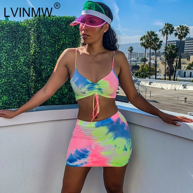 

LVINMW Sexy Multicolor Print 2 Piece Set Spaghetti Straps V Neck Backless Crop Top High Waist Bodycon Mini Skirt Female Holiday