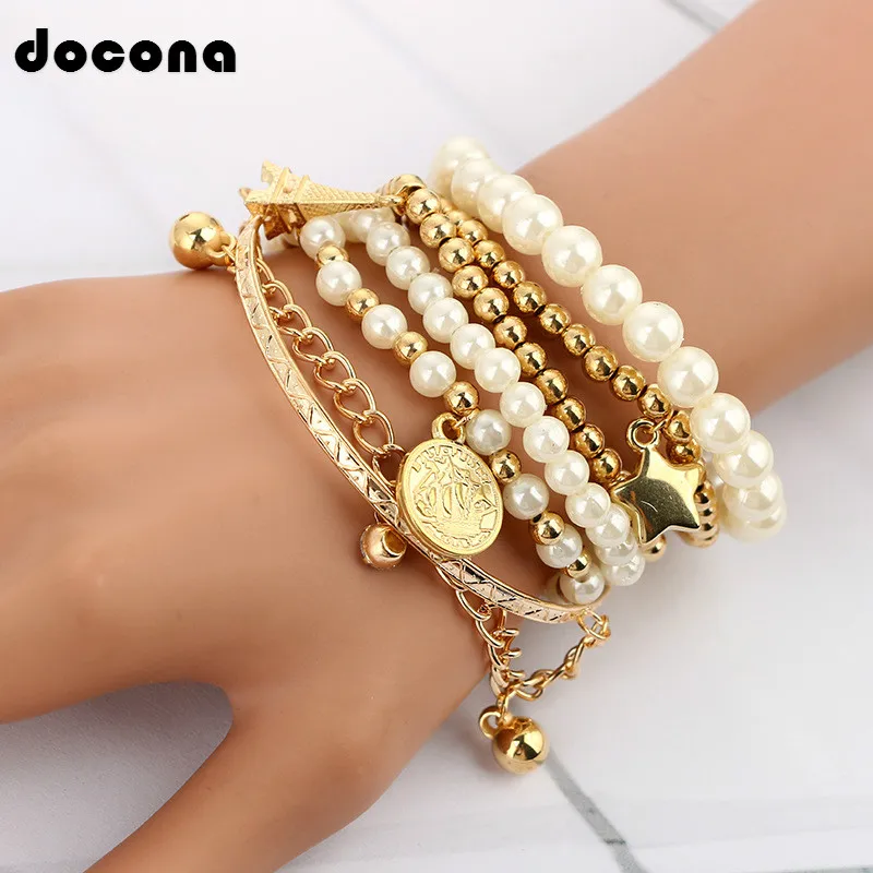 

Docona Women Female Multi-layer Gorgeous Gold Color Beacelets Tower Star Round Shape Design Pearl Bangles Jewelry 5483