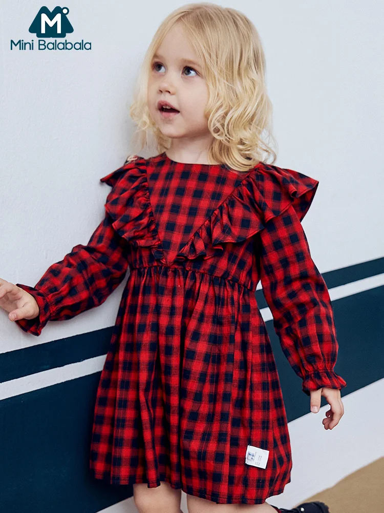 

MiniBalabala Kids Girls Ruffle Plaid Dress Long Sleeve A-line Dress Children Toddler Spring Autumn Dresses Clothes Clothing