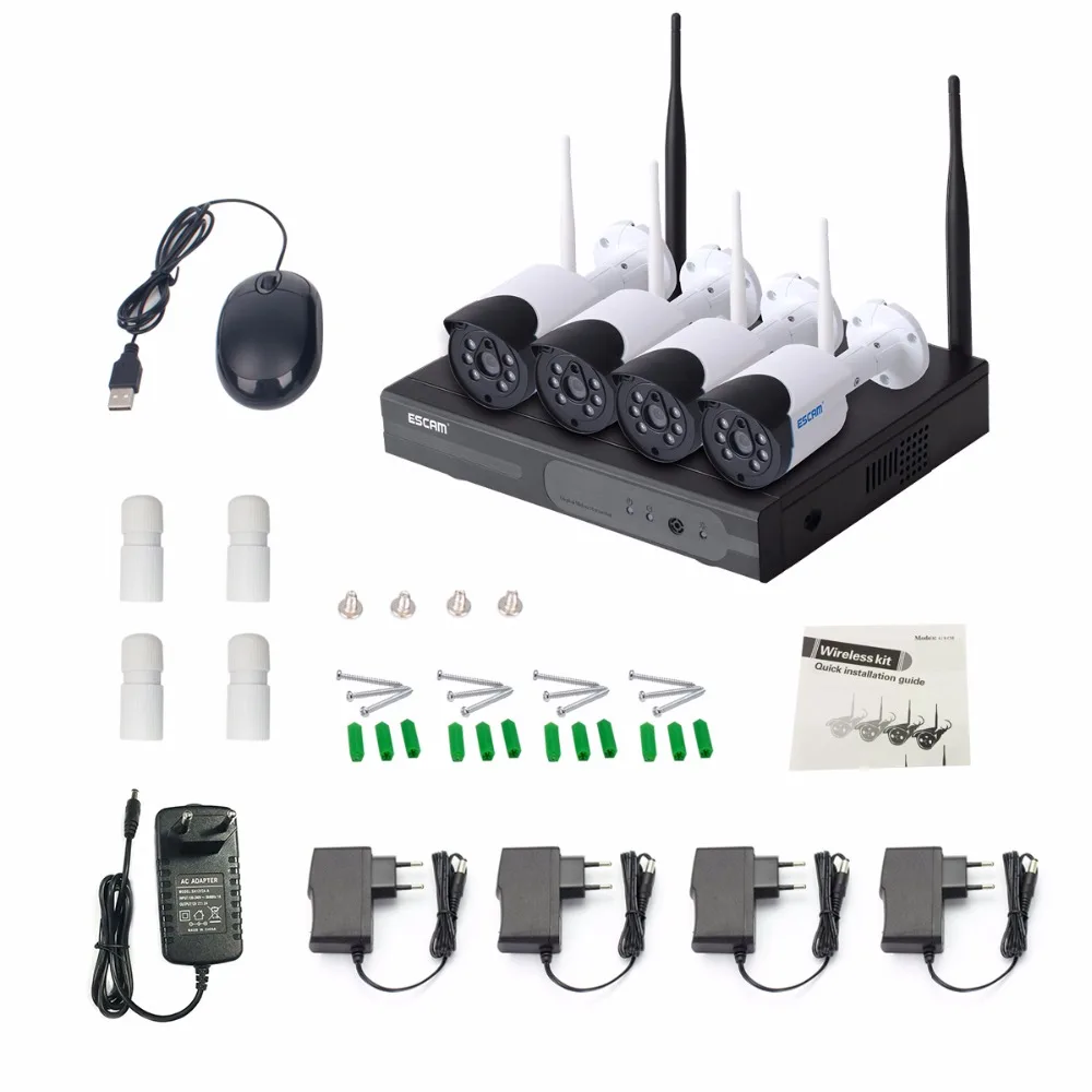 ESCAM WNK404 Outdoor 4CH CCTV Security Surveillance System ONVIF 1MP HD-720P Bullet Video Wireless Wifi Camera NVR System Kit ESCAM WNK404 Outdoor 4CH CCTV Security Surveillance System ONVIF 1MP HD-720P Bullet Video Wireless Wifi Camera NVR System Kit