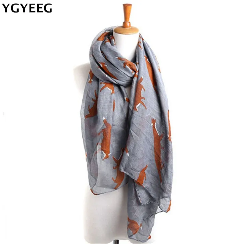 

YGYEEG Women Fox Scarf Voile Girl Long Cute Fox Print Scarf Wraps Shawl Soft Scarves Female Cute Tippet Foulard Cachecol Shawl