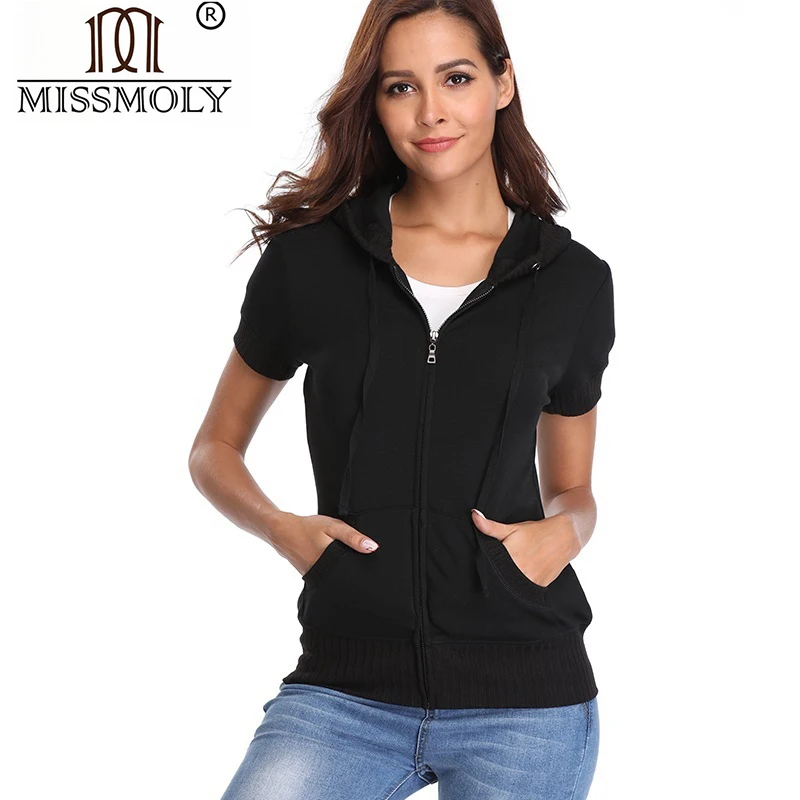 Download Womens Casual Short Sleeve Hoodie Zip Up Jacket Kangaroo ...