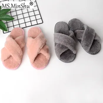 

MS.MinShu Women Slipper Sheepskin Warm Winter Slipper Girls Home Slipper Soft Sheep Fur Sandals Indoor Slipper