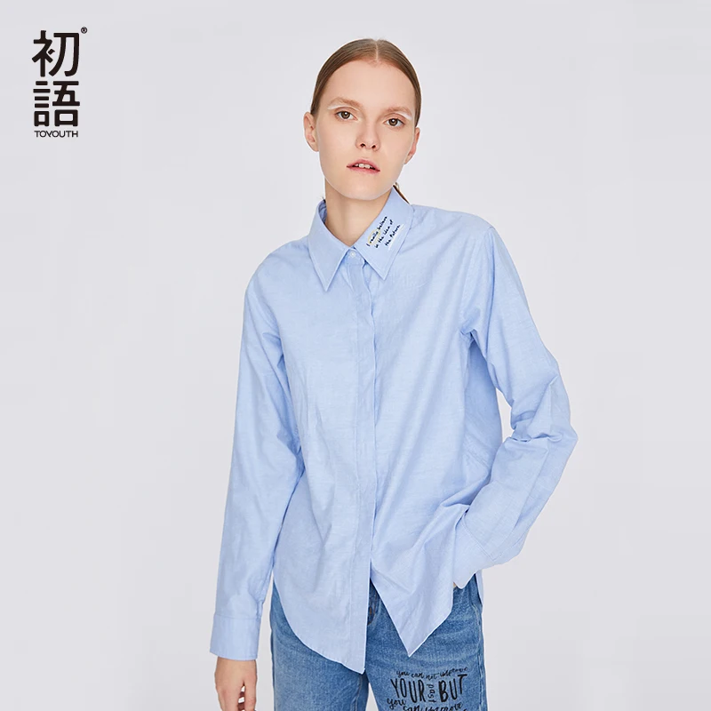 

Toyouth New Blue Turn-Down Collar Women Blouse And Shirts Embroidery Harajuku Cotton Camisas Mujer Plus Size Female Blouses Tops
