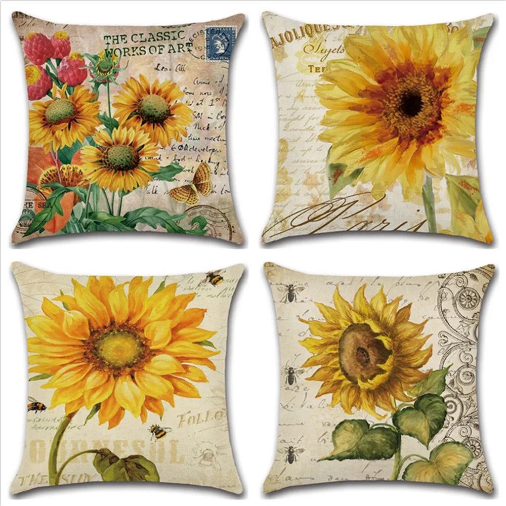 YWZN Sunflower Pattern Pillow Case Cotton Linen Sunflower Printing