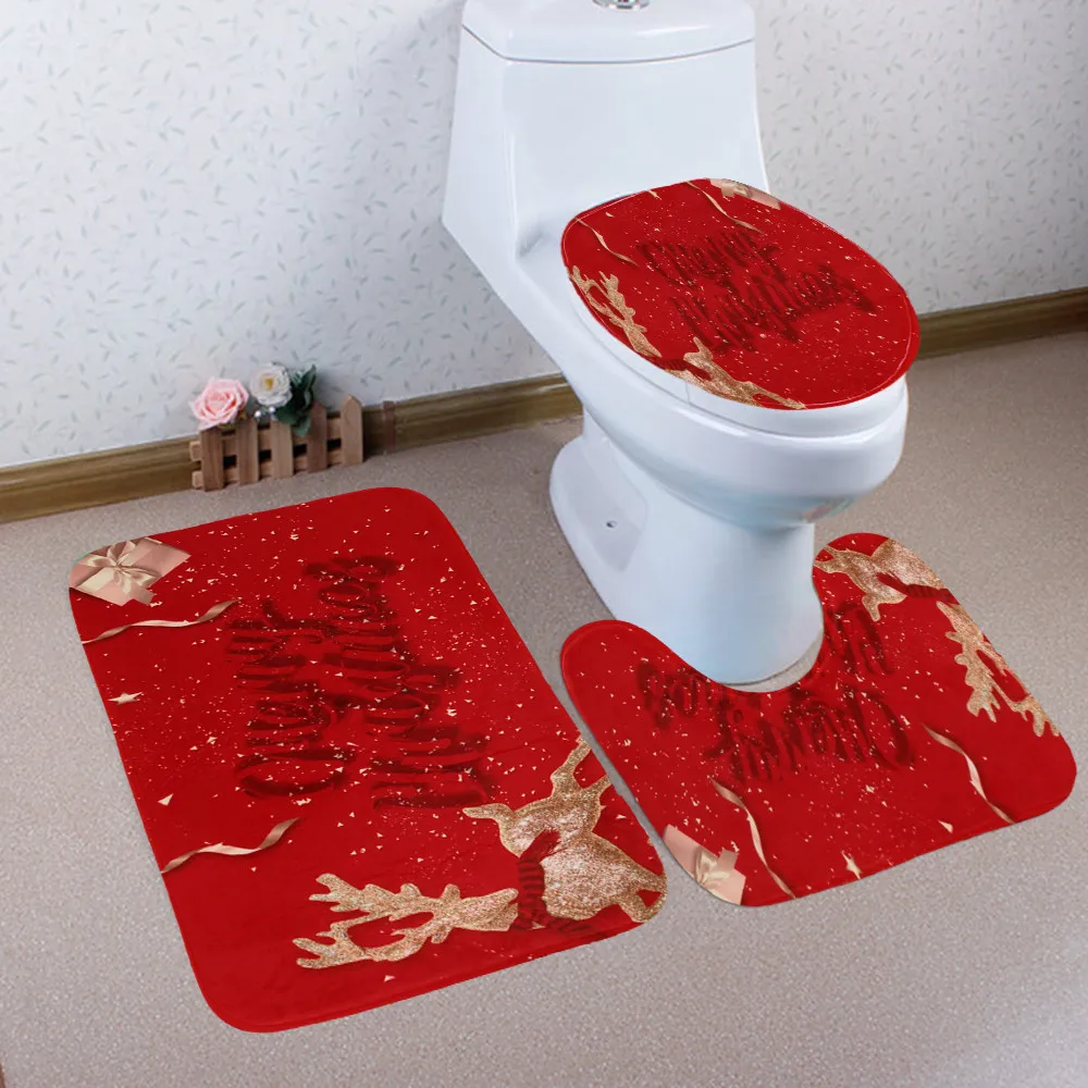 3PCS Set Non-Slip Flannel Bathroom Pedestal Rug Bath Mat Lid Toilet Cover Decor