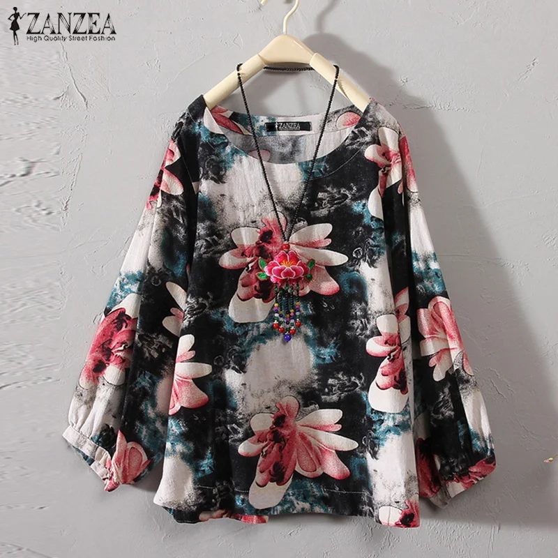ZANZEA, осенняя Женская Повседневная винтажная блузка с длинным рукавом и цветочным принтом, свободная Ретро рубашка, хлопковый льняной Топ, вечерние Блузы для работы