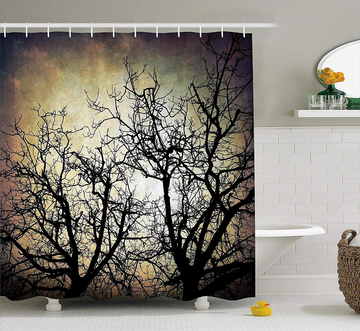 Horror Shower Curtain Scary Twilight Scene with Grunge Tree Branch