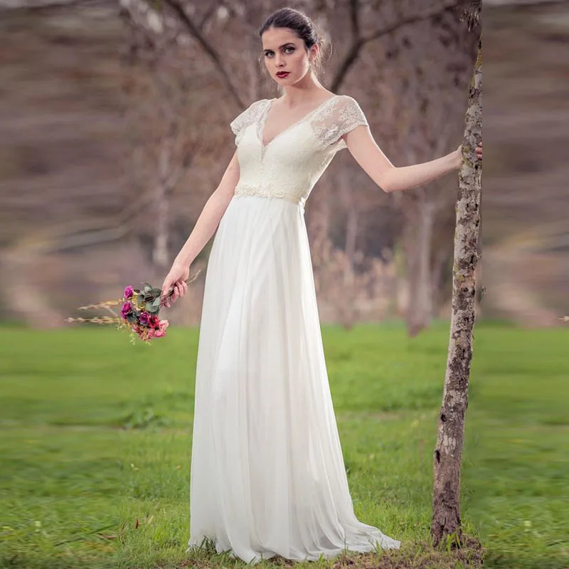

LORIE Cap Sleeve Beach Wedding Dress 2019 V Neck A Line Backless Floor Length White Ivory Lace Chiffon with Sashes Bridal Gown