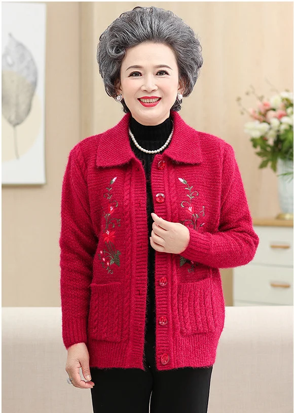 Женский вязаный кардиган, свитер с вышитым принтом, толстый теплый свитер с отложным воротником, женский свитер R850 - Цвет: ROSE RED