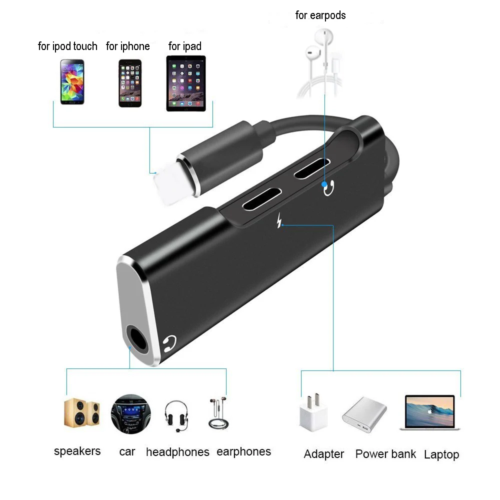 3 in 1 Charger Headphone Adapter for iPhone X 7 8 Plus iPad Aux Cable Connect to Dual Port +3.5mm Earphone Adaptador IOS 11