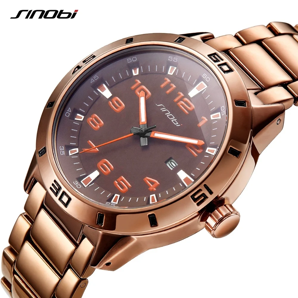 SINOBI Business Men Watches Steel Chain Unique Dial Hour Minute Display Brown Color Quartz Wristwatch Leisure Relogio Masculino