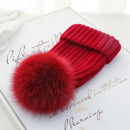 Real Fur Hat Knitted Real fox hair bulb Pom Pom Hat Women Winter Hat Unisex Kids Warm with wool Chunky Thick Stretchy Knit hat