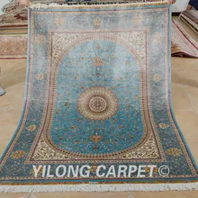 Yilong 4,5 'x6. 5' персидский шелковый ковер бежевый медальон ручной работы изысканный Бирюзовый ковер(0157