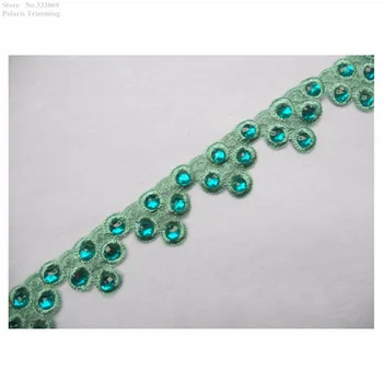 

Free Shipping 1Yard x New Fashion Turquoise Stone Beaded Lace Applique Trim Patch Costume Dance Dress Decorating DIY Craft PBT3A