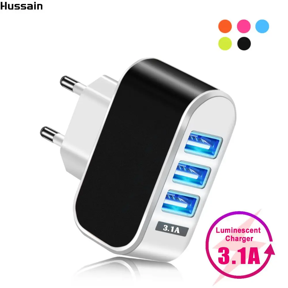 Зарядное устройство Hussain с 3 портами USB, 5 В, 2 А, настенный USB адаптер питания, штепсельная вилка европейского стандарта, зарядное устройство для iPhone 8, 7, Xiaomi Mi, 8, samsung, huawei, зарядное устройство для телефона
