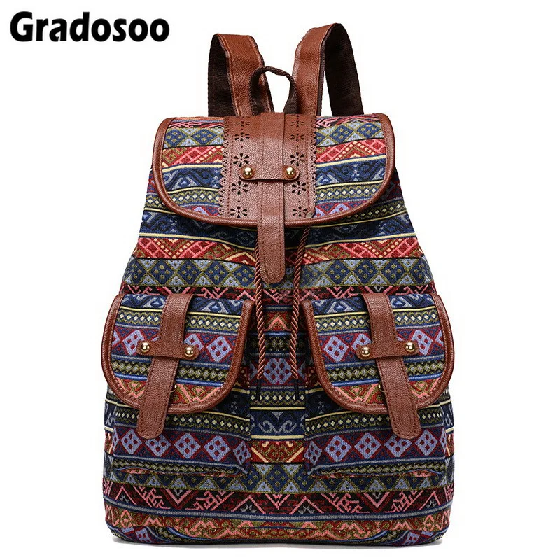 

Gradosoo Vintage Women Girls School Bag Bohemian Drawstring Printing Canvas Cloth Backpack Female Traveling Shoulder Bag LBF237