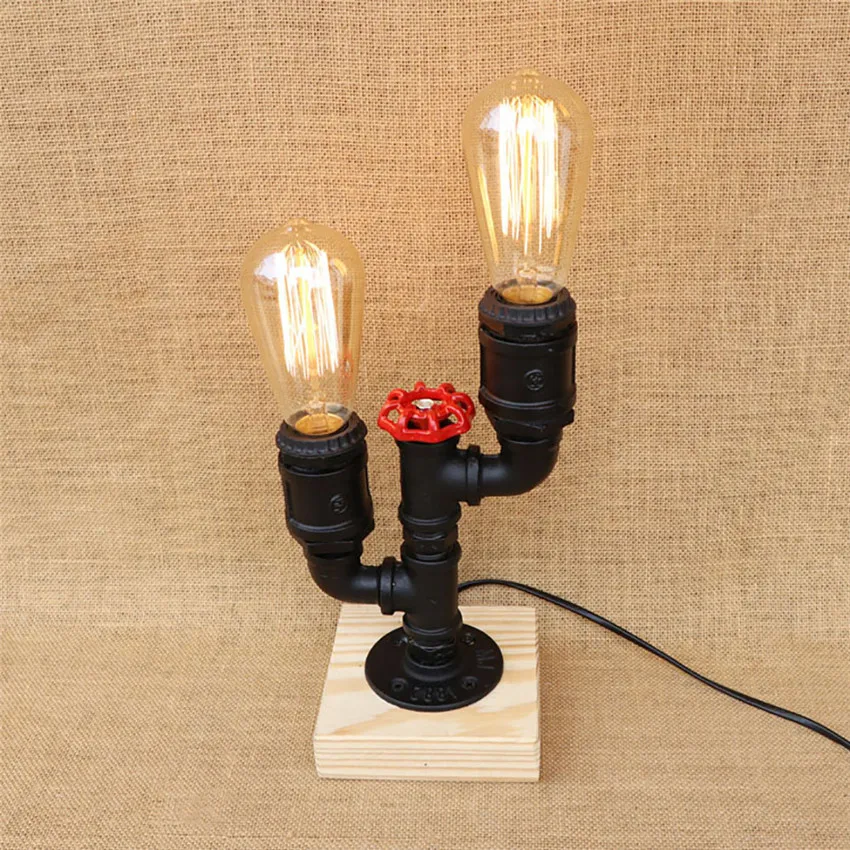 

Retro Metal Desk Lamp Antique Iron Industrial Water Pipe Table Lamp Wood Base with Switch E26/27 for Bedside Bedroom Office Bar