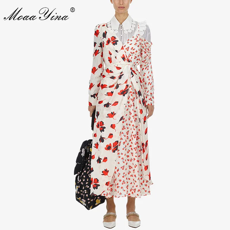 MoaaYina Fashion Designer Runway dress Spring Autumn Women Dress Long sleeve One shoulder Elegant Party Floral-Print Dresses