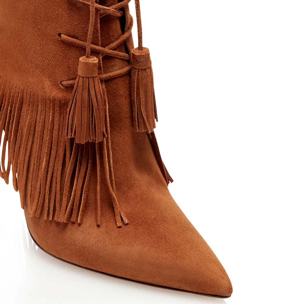 2019 red Lace D'hiver Brown Mince Automne Rouge Fringe Bottes Talon Courts Chaussures Haut Brun Up Cheville Gland Bout Pointu Femmes Dames Bottillons q8w6F1q