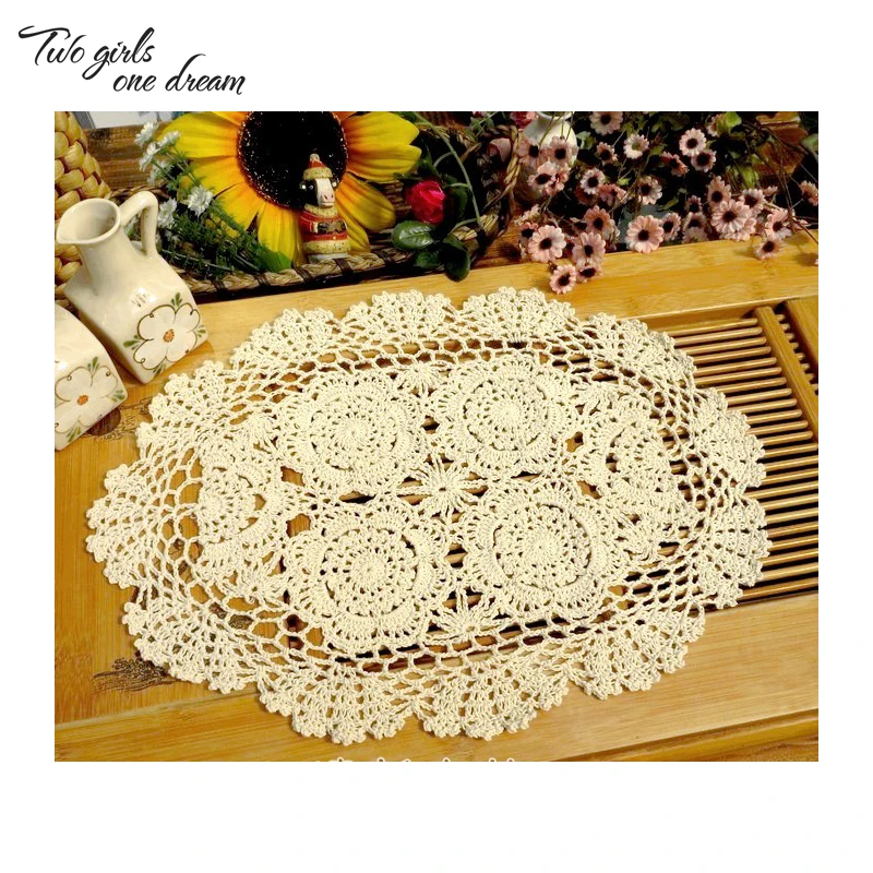 Garden Hand Crochet Lace Table Mat Oval Flower Decorative Meal Mat 100
