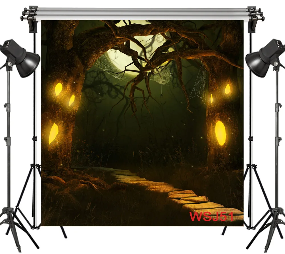 LB Polyester &amp Vinyl Backgrounds For Photo Studio Photography Backdrops Halloween Theme Glowing Tree hole Dark Night Forest Path |