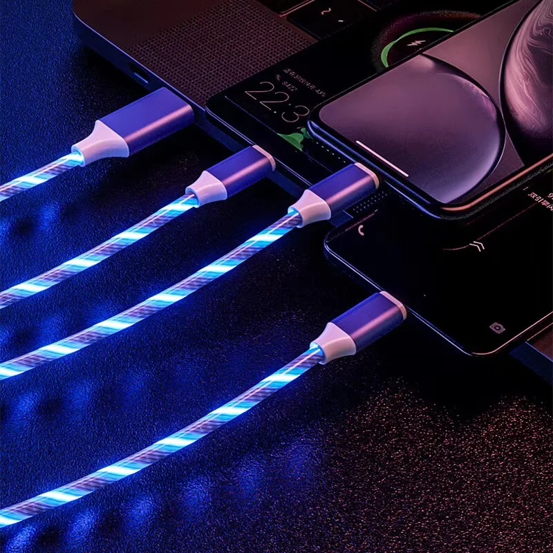 3 в 1 быстрая зарядка мобильный телефон данные кабельного USB кабеля светодиодный светящийся поток данных USB зарядное устройство кабель для iPhone X XR 6 samsung Galaxy S9