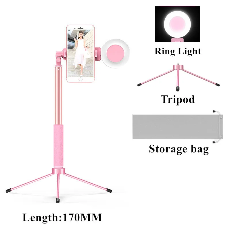 1.7M Pink Yes Light Селфи-палка со светодиодной кольцевой подсветкой, Выдвижной Штатив 1,7 м, Подставка 4 в 1 с моноподом, крепление для телефона для iPhone X 8, Android, смартфона - Цвет: 1.7M Pink Yes Light