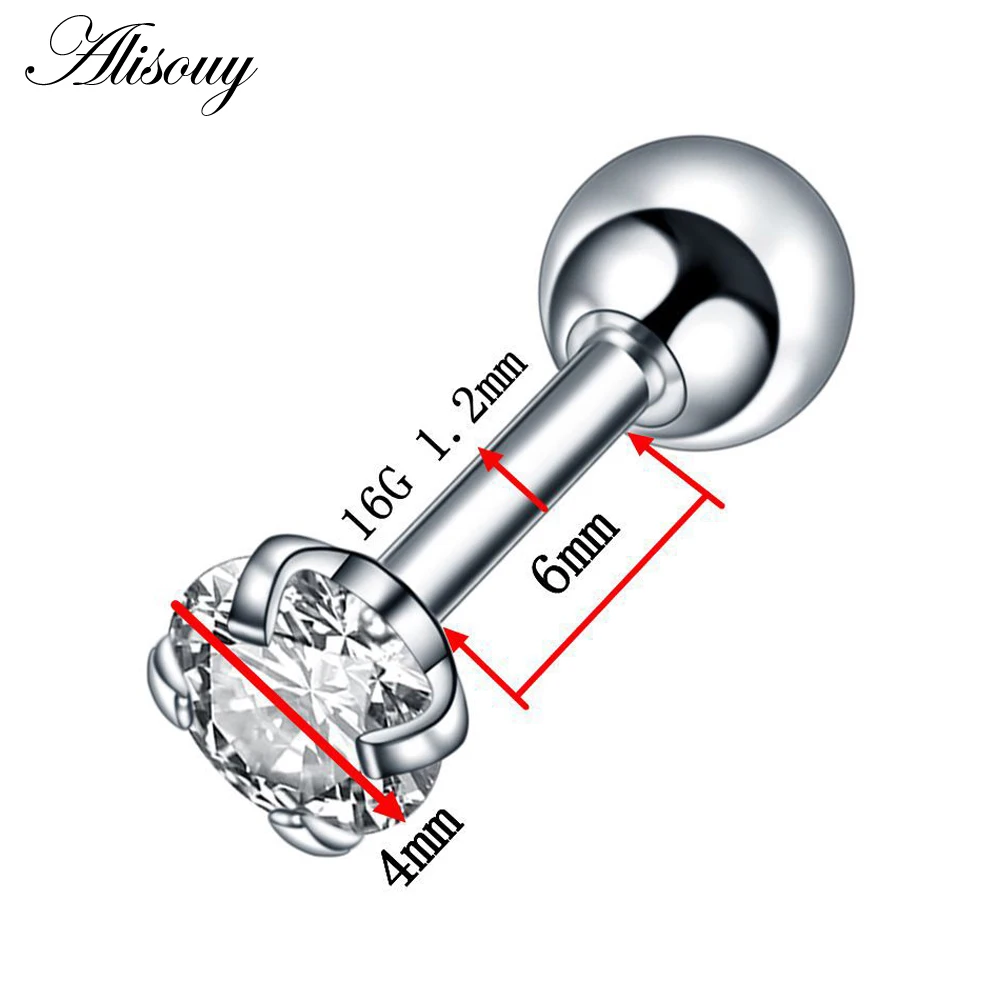 Alisouy 2 шт. 4 мм Круглый Кристалл Циркон трагус пирсинг для хрящевой части уха серьги 316L хирургическая сталь ювелирные изделия для тела Спираль пирсинг