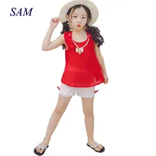 Girls Clothing Sets 2017 New Summer Girls Clothes Sleeveless Chiffon Necklace Tops Shorts Suits Kids Clothes