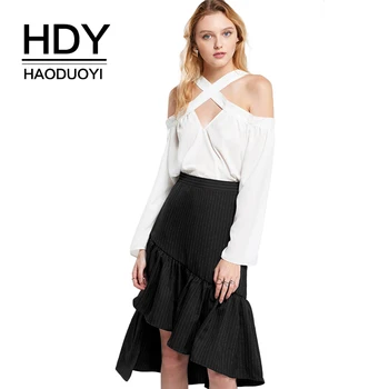 

HDY Haoduoyi Brand 2020 New In Asymmetrical Ruffle Striped Women Skirts Ruched OL Female A-line Bottom Skirts Office Lady Skirts