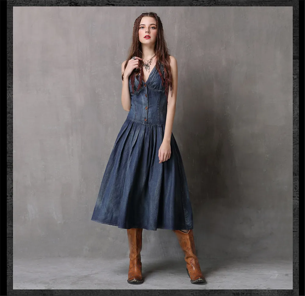 Vintage Summer Deep V-Neck Dress 2018 Boho New Denim Women Dresses Sleeveless A-line Swing Hem Sundresses Vestidos Femininas (15)
