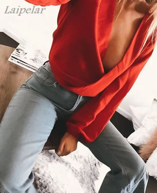 

Sexy V Neck Wrap Sheath Exposed Navel Short Top Bow Tie Autumn Shirts Chiffon Women Blouses 2018 Backless Red White Crop Tops