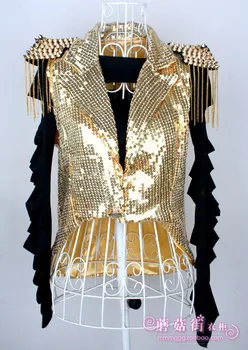 

Womens Vests Outerwear Nightclub Singer Jazz Dance Costumes Sequin Fringed Tuxedo Vest Jacket Ds Tassels Shining Clothing Coat