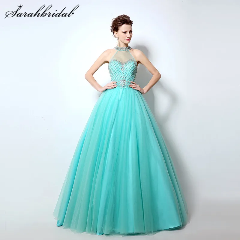 

Sexy Modern Backless Long Evening Dresses Halter sleeveless Tulle Beaded Crystals Prom Party Gowns A-Line Floor-Length Hot LX010