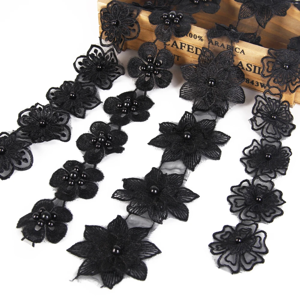 

Black Beads With Flower Lace Trim Embroidery Ribbon Tape Wedding Decoration Wrap DIY Sewing Accessory,1Yc2475