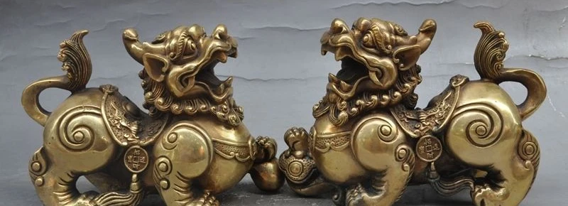

7" chinese brass fengshui beast foo dog pixiu Unicorn wealth money statue pair