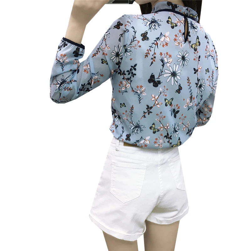 Best 2017 New Summer Autumn Floral Print Chiffon Blouse Shirts Women Casual Loose Lace Up Tops Elegant Slim Bottoming Shirt AB233
