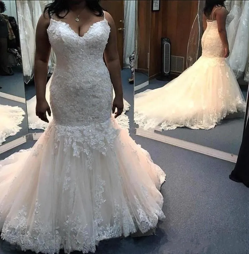 Plus Size Mermaid Wedding Dresses with Spaghetti Lace Appliques Crystals Backlesss Up Back Customized Bridal Gowns Vestidos | Свадьбы и