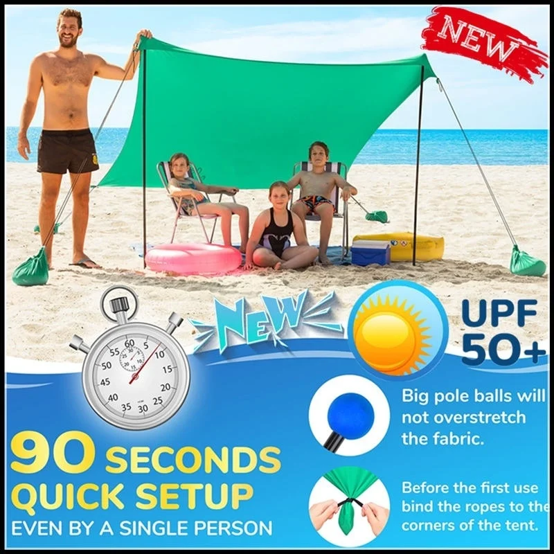 

3 or 4 person family beach awning with sandbag anchor and 4 free nails UPF50 + UV Lycra fabric park outdoor portable shade tent