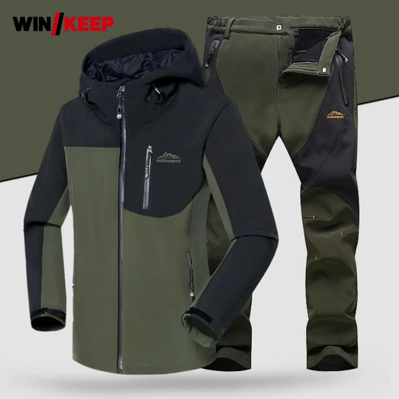 

New Man Winter Waterproof Fishing Camping Trekking Fleece SoftShell Outdoor Jacket Pant Set Sport Hiking Trousers Size XL-5XL