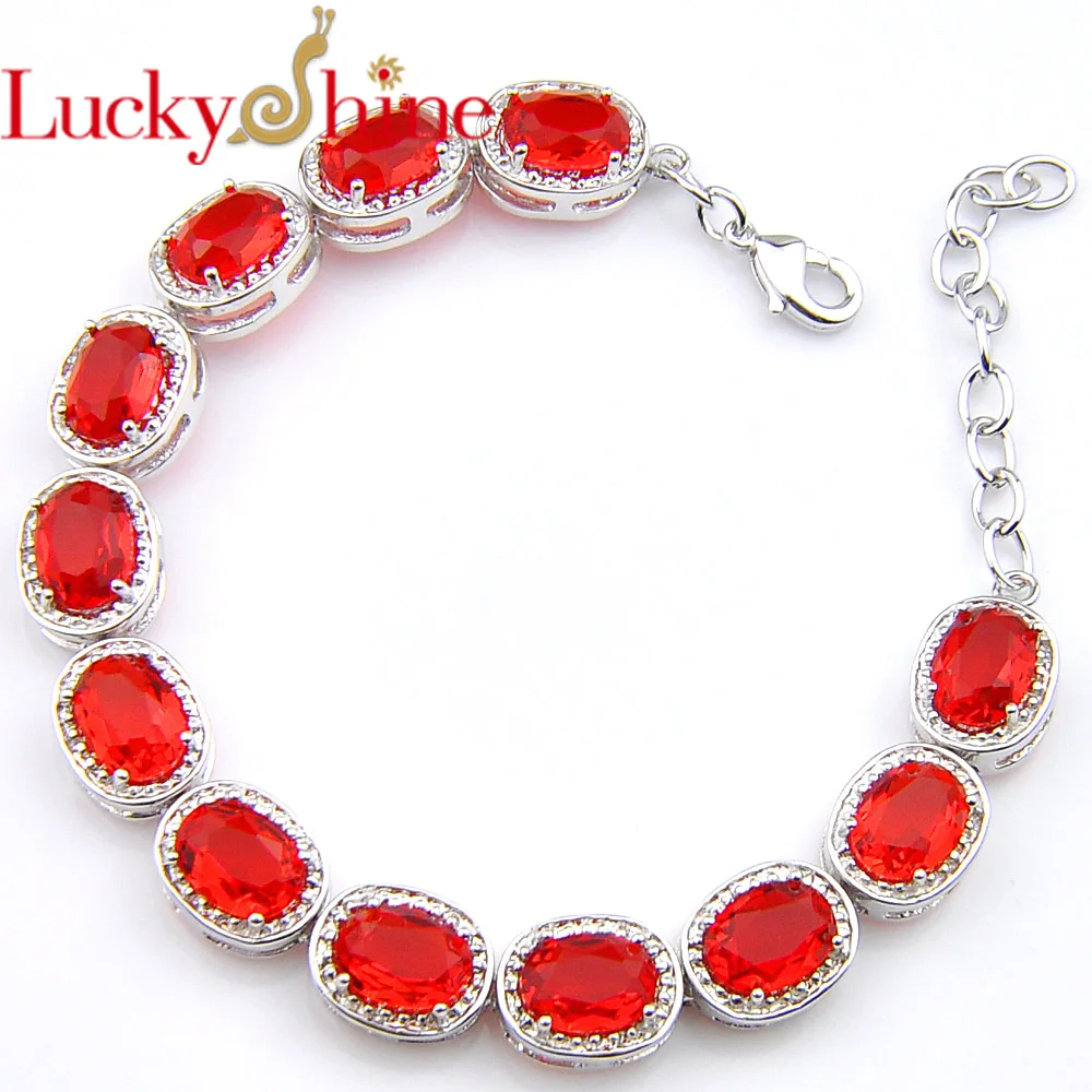 

LuckyShine женские блестящие овальные мистические красные гранат, циркон, серебряные браслеты с цепочкой для свадебной вечеринки, подарки, Новинка