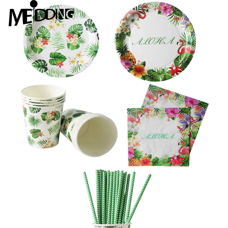

1 Suit Flamingo party Disposable tableware With palm leaves pattern Tropical Hawaiian Aloha party Paper plates/cup/napkin supply