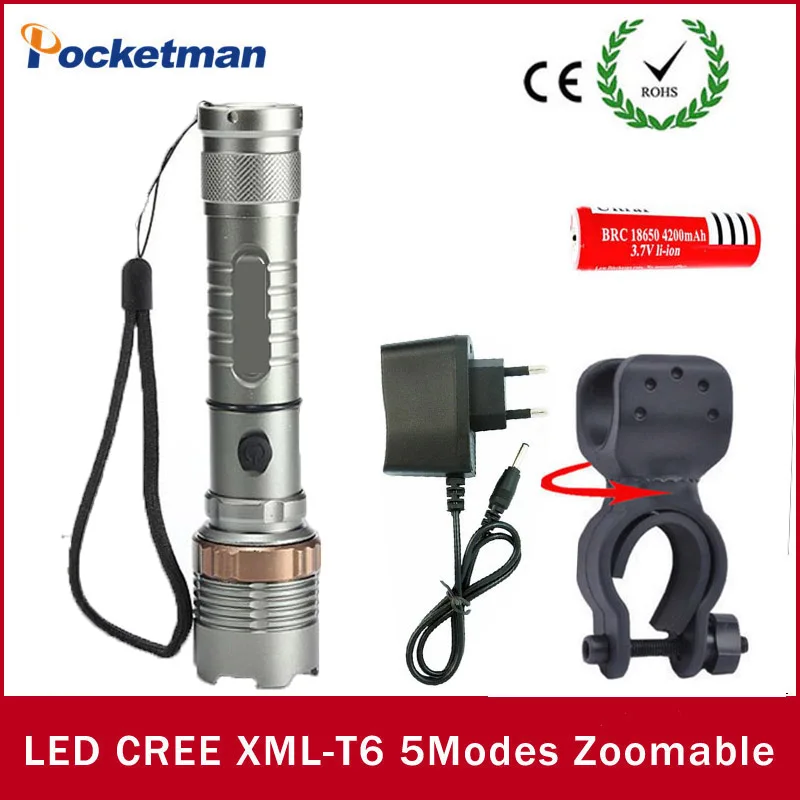 

High Bright LED flashlight XM-L T6 LED zaklamp Bicycle Light + 18650 battery+Charger+ Torch Holder lampe tactique