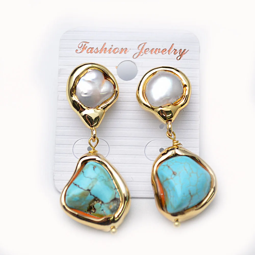 

Party Jewelry Gold Plating Natural Pearl with Blue Howlite Irregular Nugget Stone Dangle Earrings Fashion Woman Christmas Gift