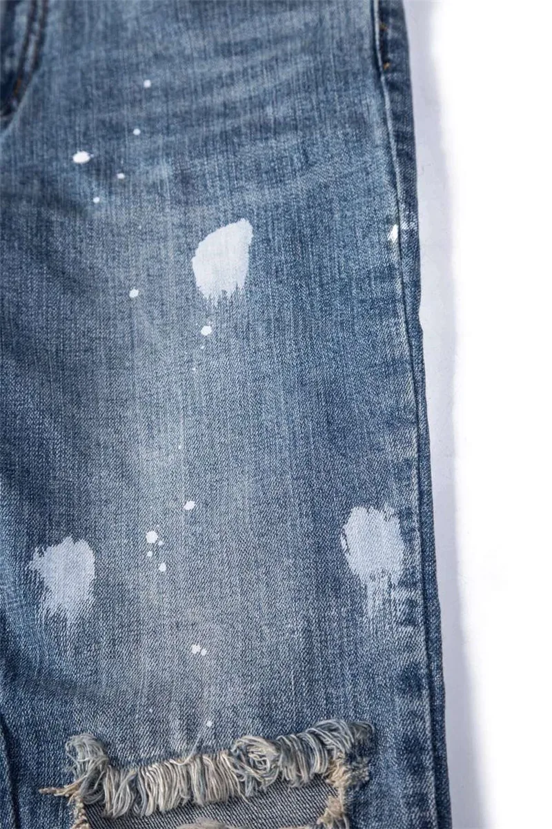 Темные значки внутри шва молнии фольги краски брызги мужские джинсы Высокая улица джинсовые брюки мужские синие