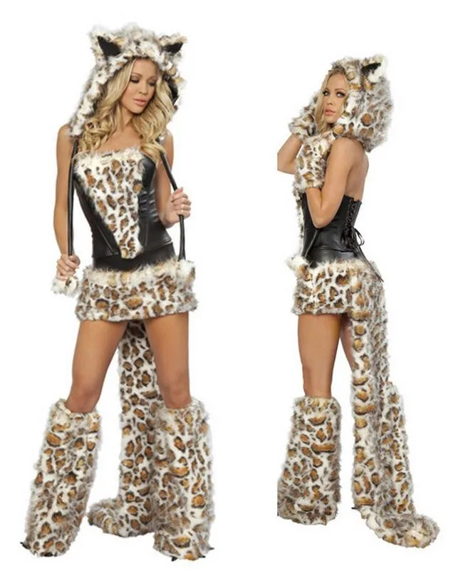 Сексуальные леопардовые маскарадные костюмы на Хэллоуин для ролевых игр, короткий Карнавальный костюм для женщин, взрослых животных, платье с капюшоном и хвостом WL77