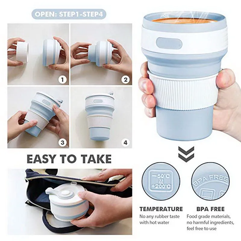 350ml collapsible coffee silicone cup with Lid folding water tea cup reusable travel Drinkware BPA free eco friendly make health